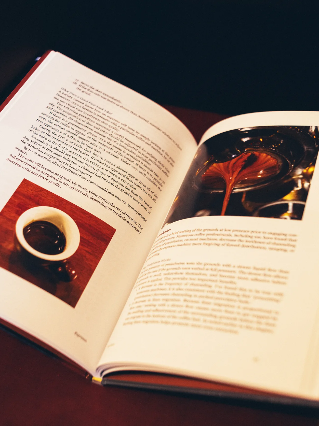 Aufgeschlagenes Buch „The Professional Barista’s Handbook“ mit Fotos von Espresso