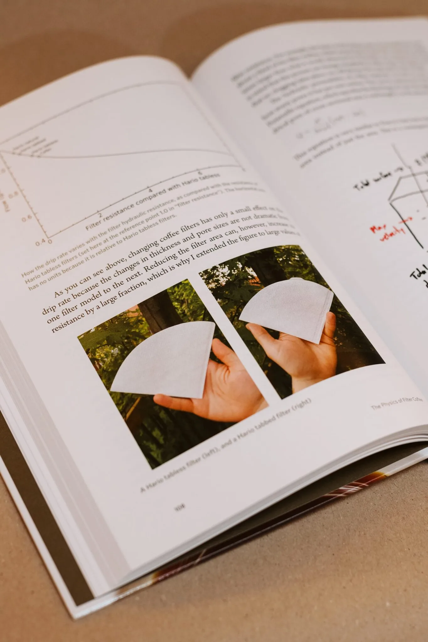 Aufgeschlagenes Buch „The Physics of Filter Coffee“ mit Fotos von Papierfiltern